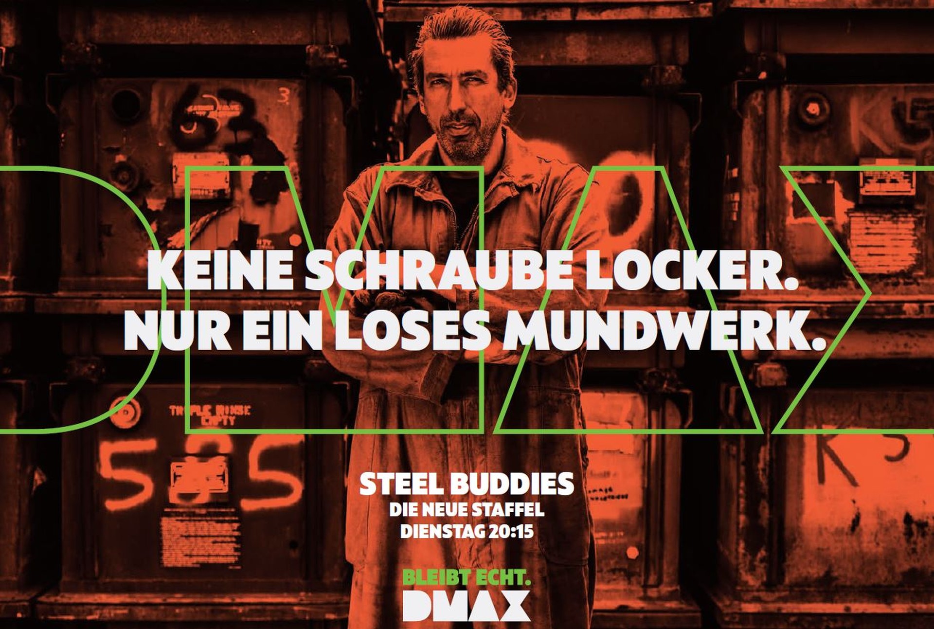 Screenshot von DMAX Steel mit Schriftzug "Keine Schraube locker. Nur ein loses Mundwerk."
