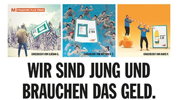 Drei Fotos mit M Budget Plakaten "Wir sind jung und brauchen das Geld"