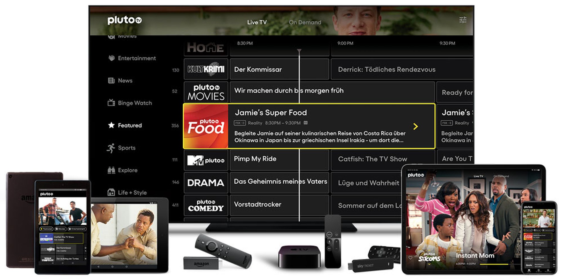 Screenshot von Pluto TV auf unterschiedlichen Devices