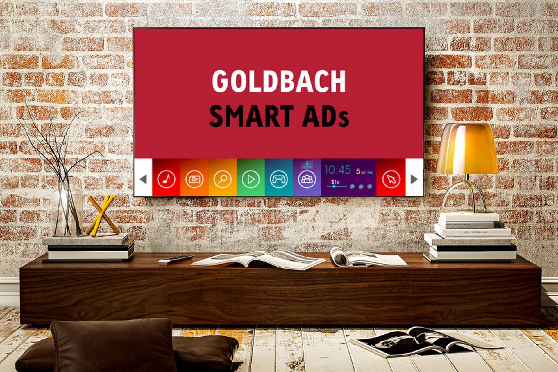 Foto von TV an Wand mit Logo Smart TV Ads